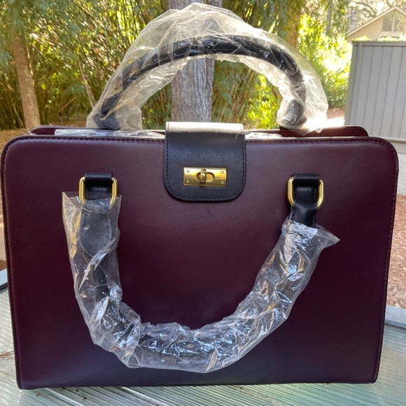 J. Crew Edie Colorblock Attaché leather handbag/ shoulder bag, merlot and black - Picture 3 of 11